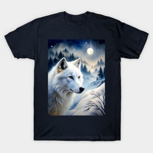 White Wolf Hunting Ground, Winter Mountain Icy Moon, Forest, Galaxy Beautiful gifts Novelty Wild Animal Pattern Fashion T-Shirt